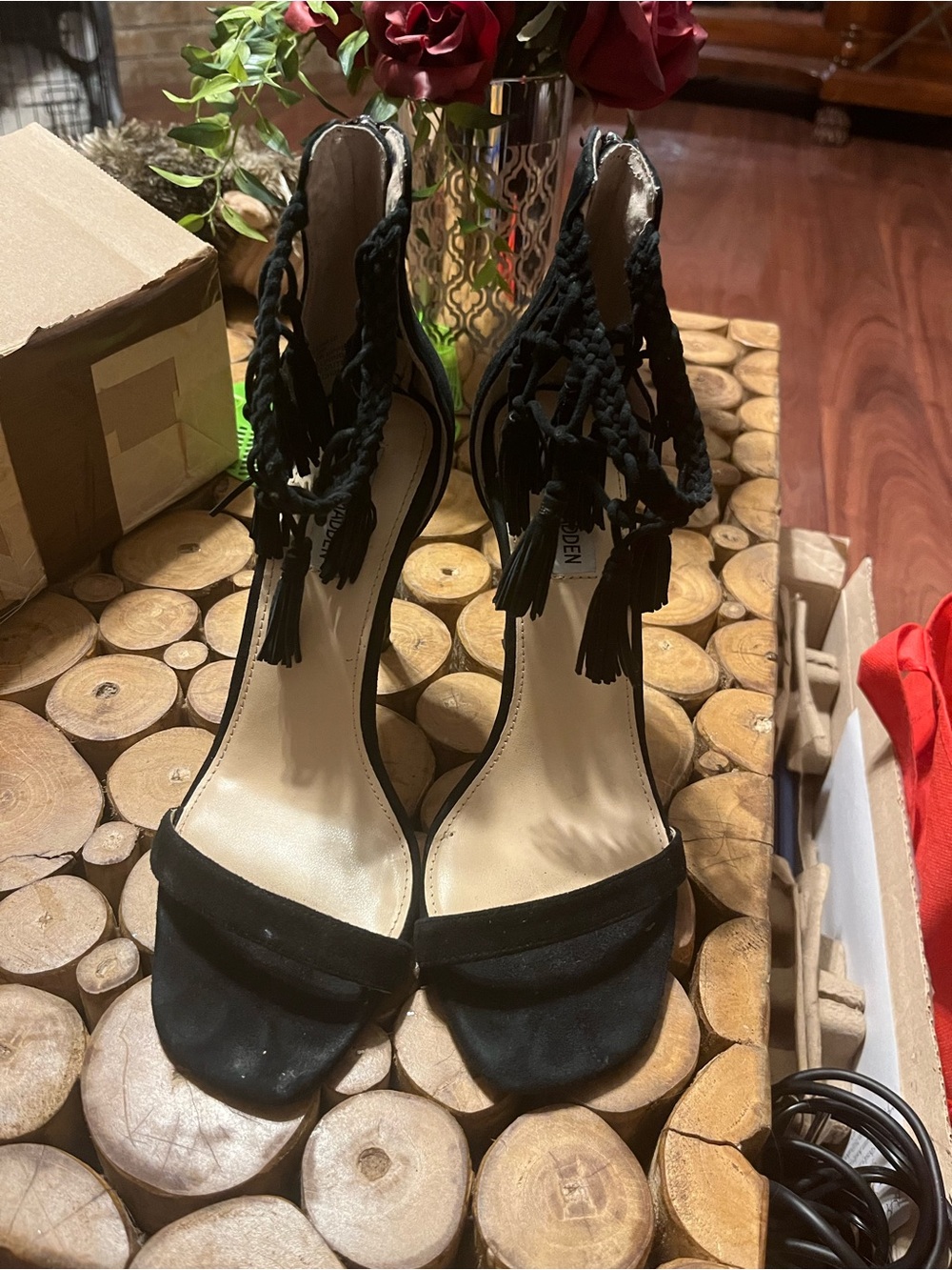 Steve Madden Black Braided Tassel Ankle-Strap Heels